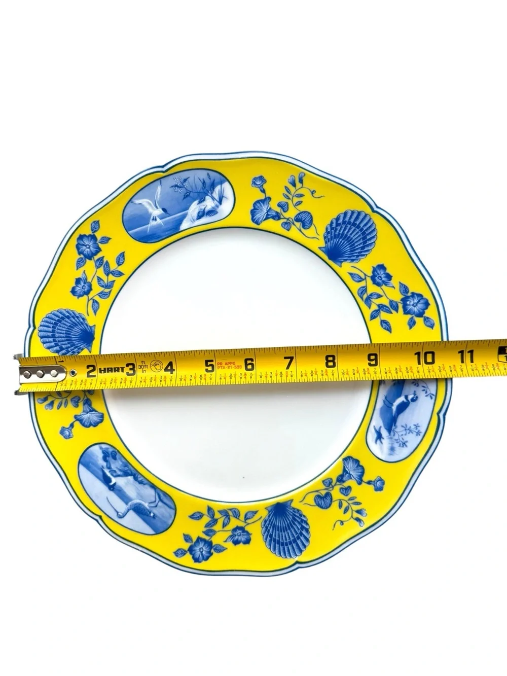 Lynn Chase Designs Costa Azzurra Dinner Plate Yellow Blue Birds Shells 10in